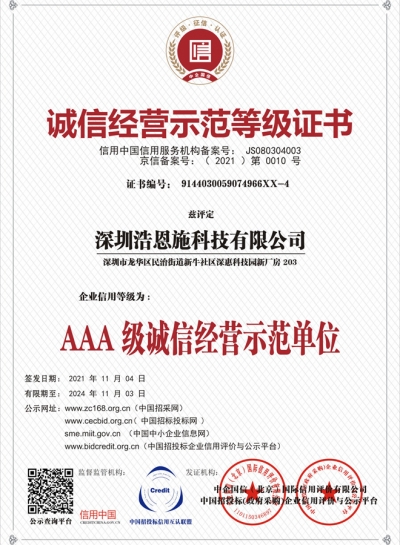 诚信经营示范等级证书